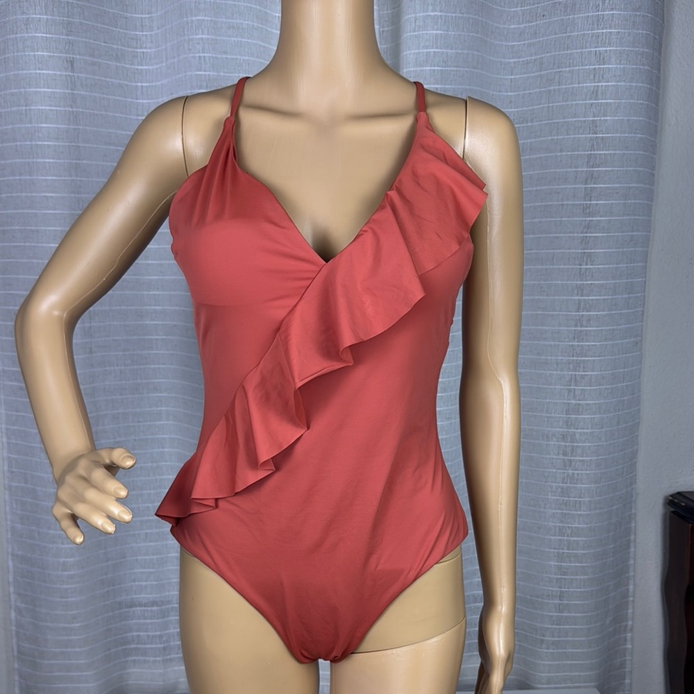 Rae Beautiful Ruffled One-Piece Swimsuit in Coral, Size 2XL